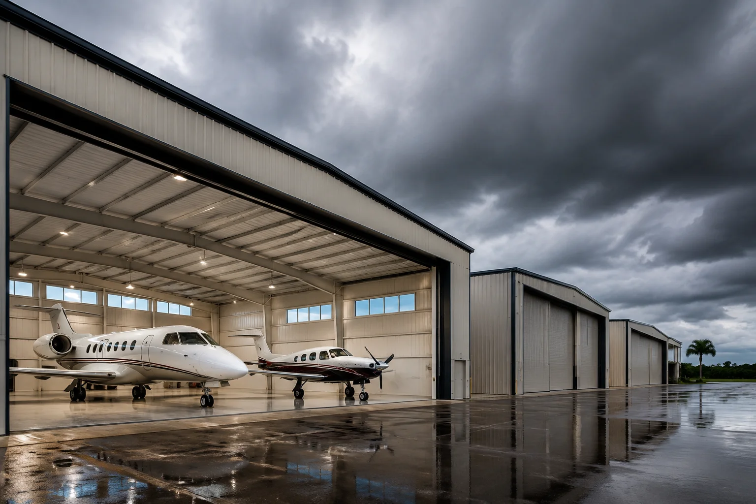 Secure aircraft and jet storage in a hurricane-ready inland hangar at Immokalee Regional Airport, Southwest Florida.