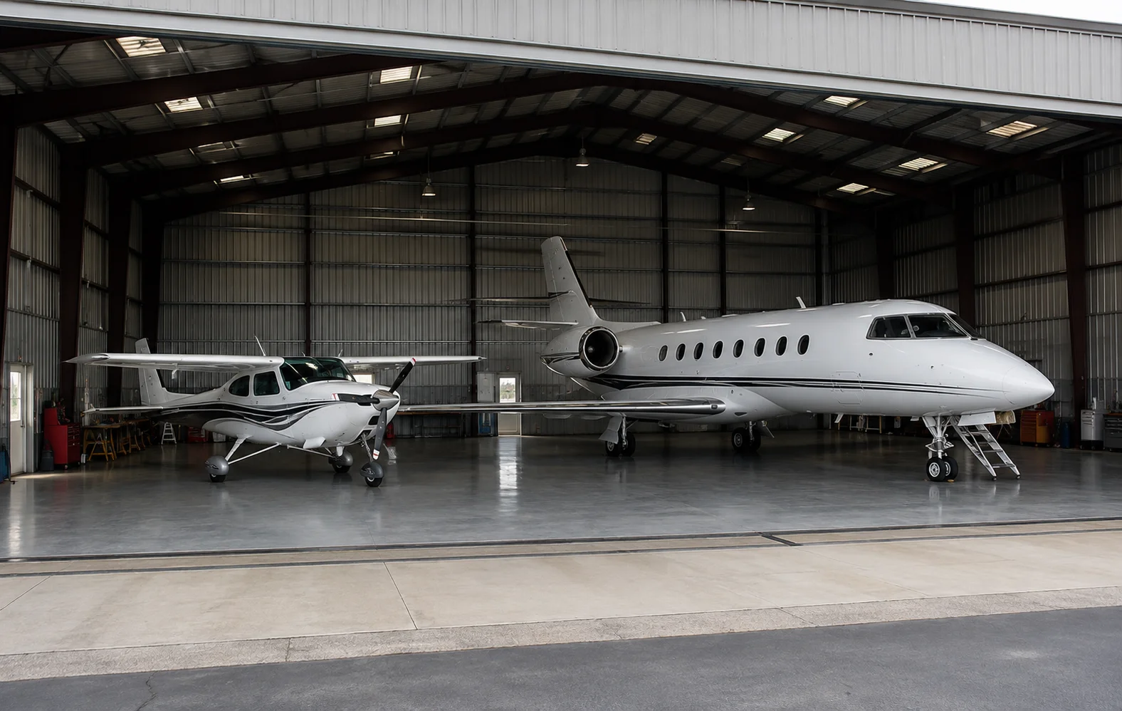 Aircraft hangar showing storage space for private and business aircraft
