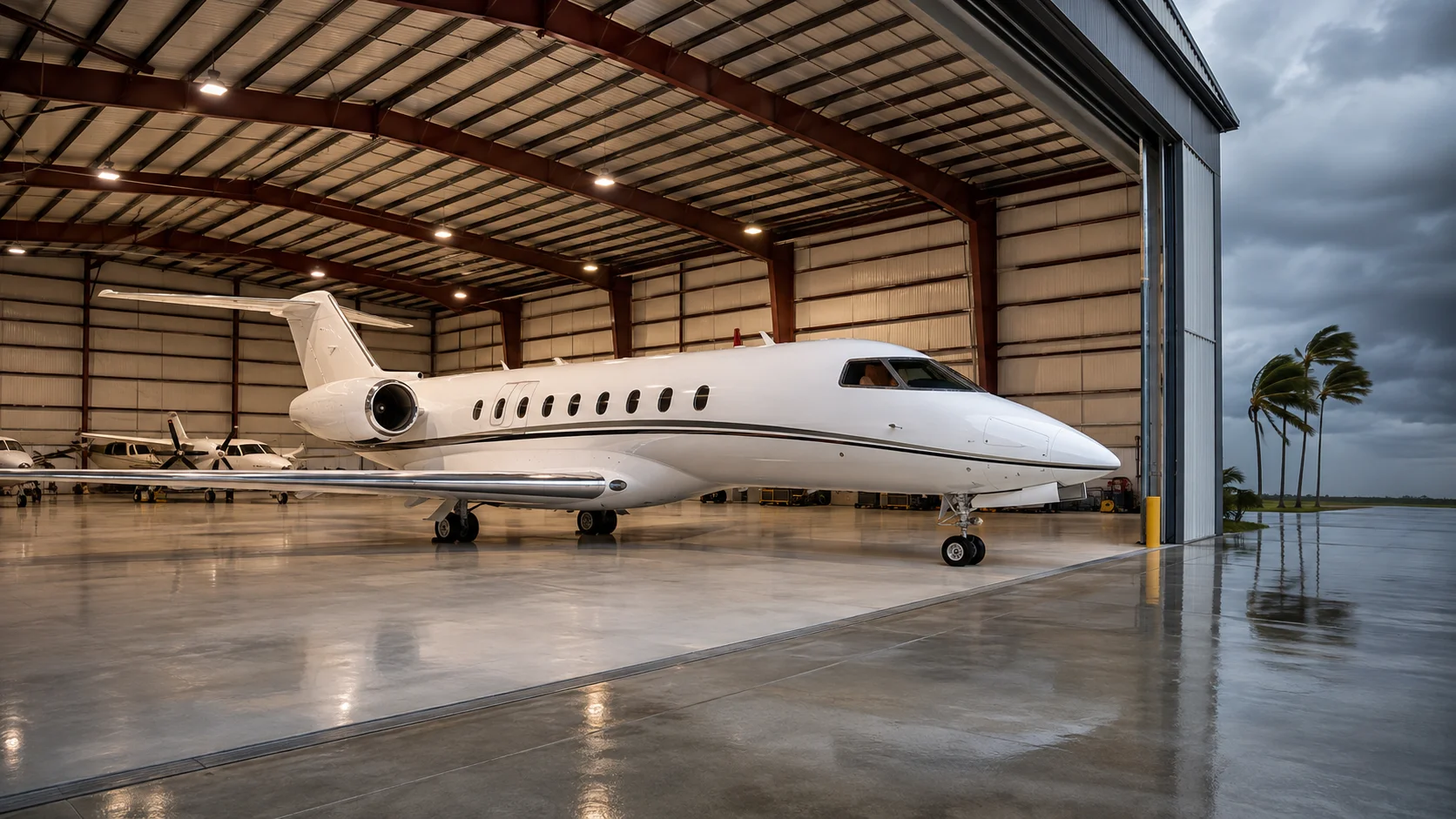 Private aircraft and jet stored in customizable inland hangars at Immokalee Regional Airport to reduce salt-air corrosion and improve storm protection.