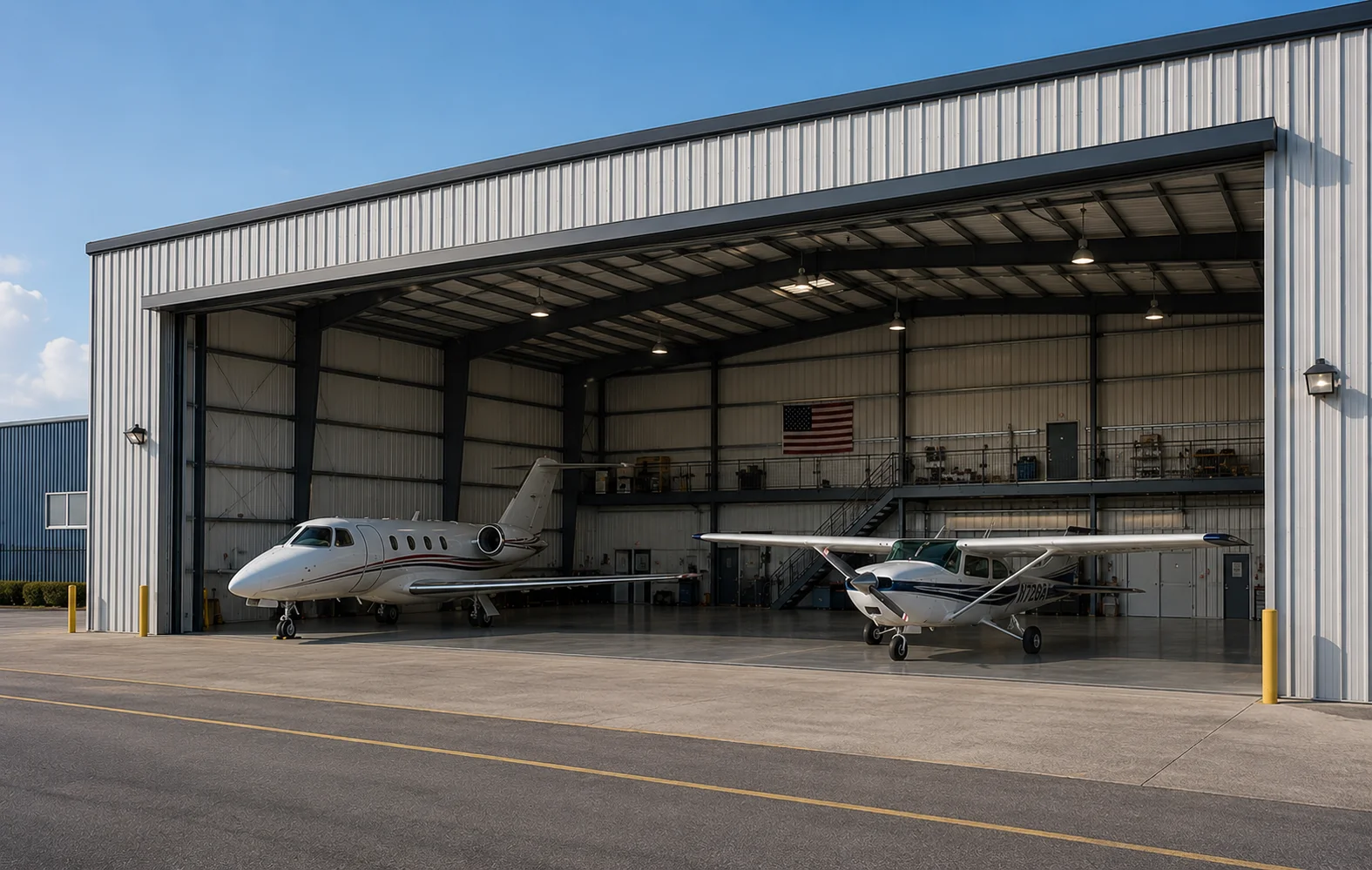 Modern aircraft hangar illustrating aircraft hangar rental and ownership options