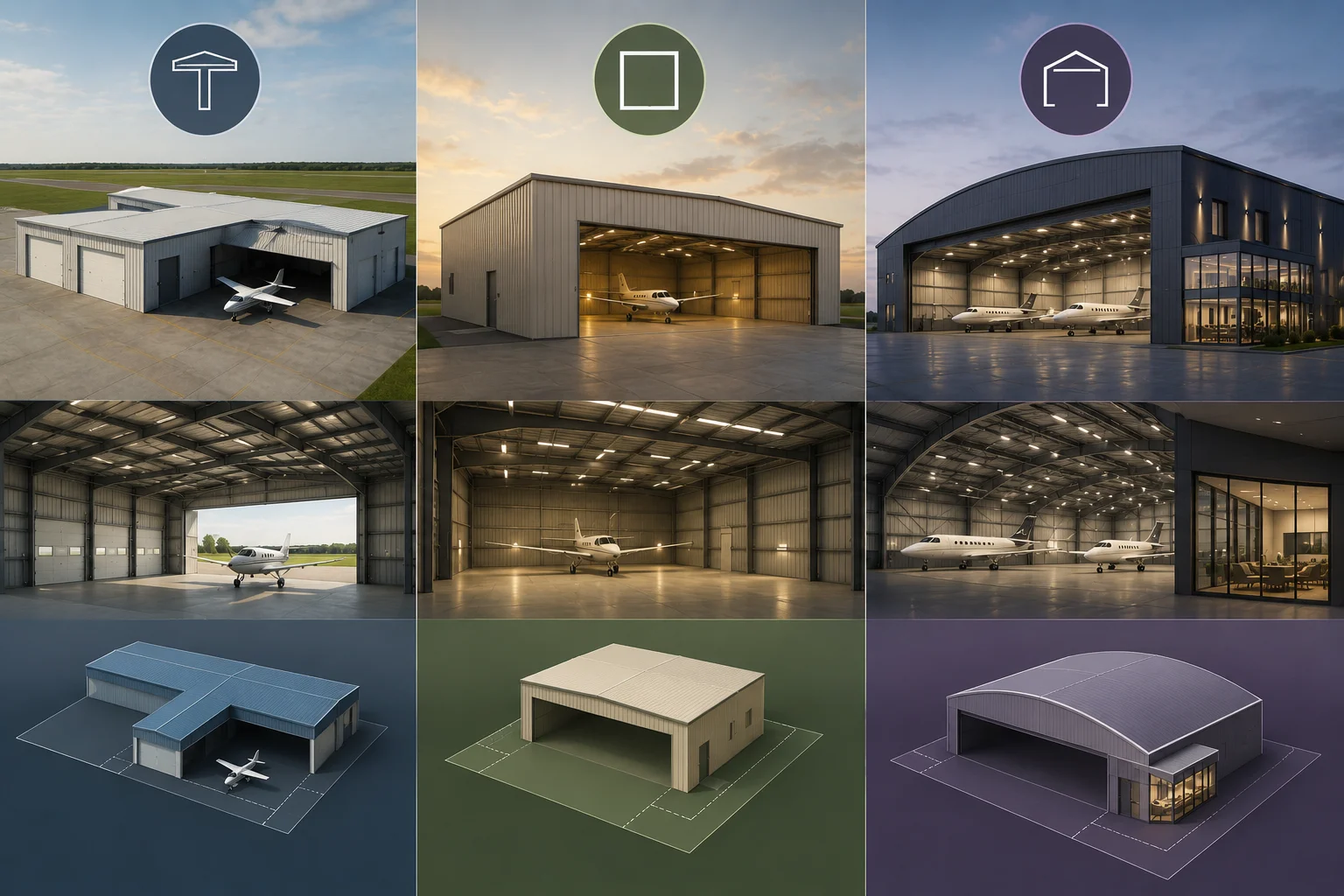Different aircraft hangar designs from exterior and interior views